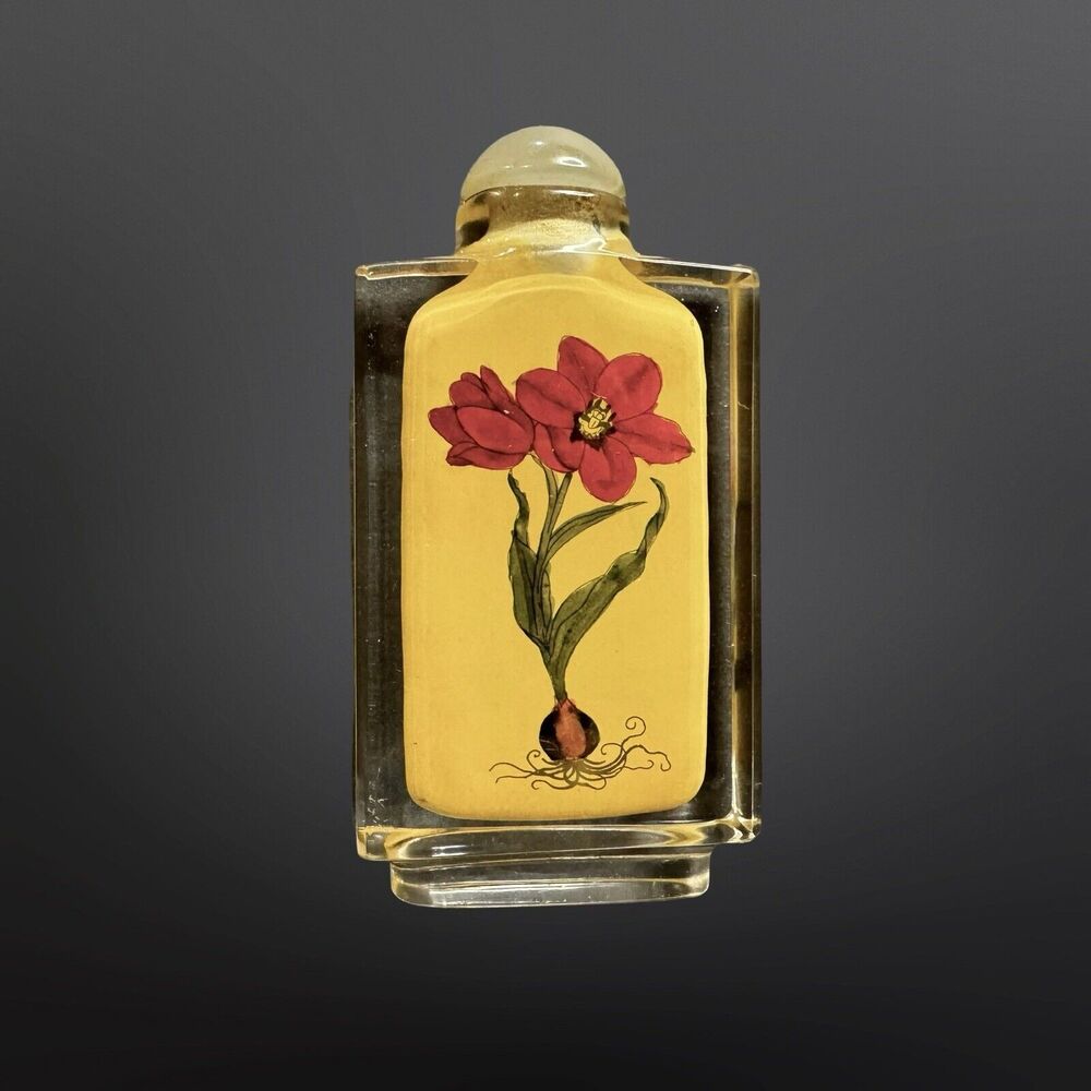 Antique Chinese Reverse Hand Painted TULIP FLORAL Snuff Imperial Yellow Bottle